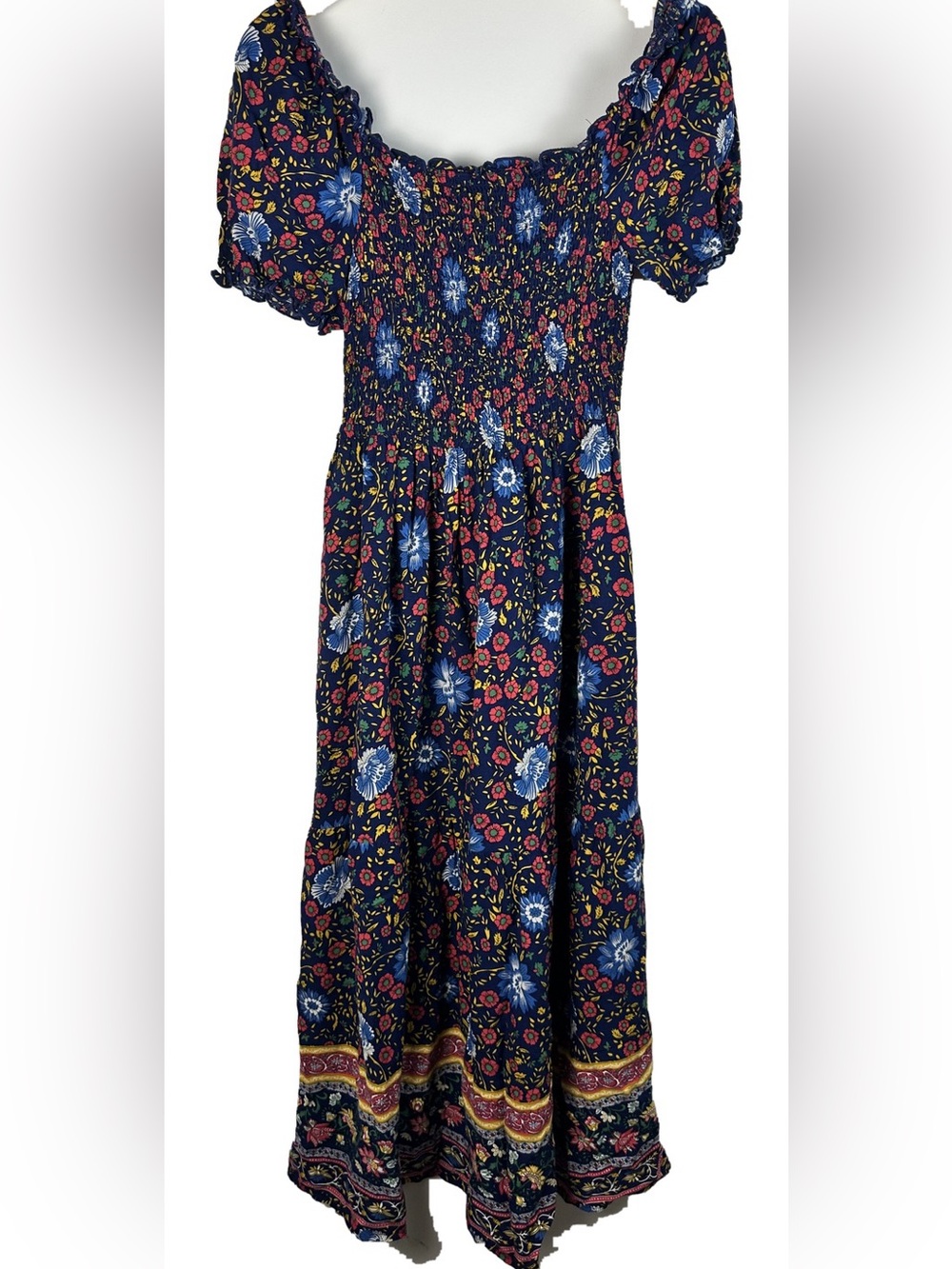 Navy Floral Maxi Dress with Smocked Bodice